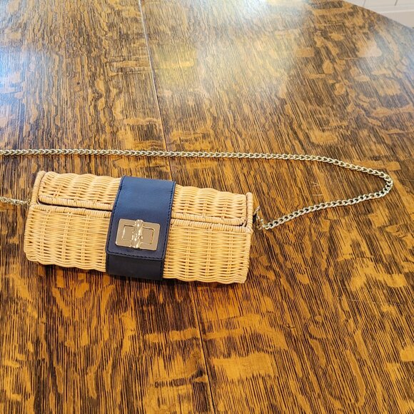 Like New Talbots Shoulder Bag. Leather Trim and Rattan. Gold-tone chain strap. - Picture 1 of 8